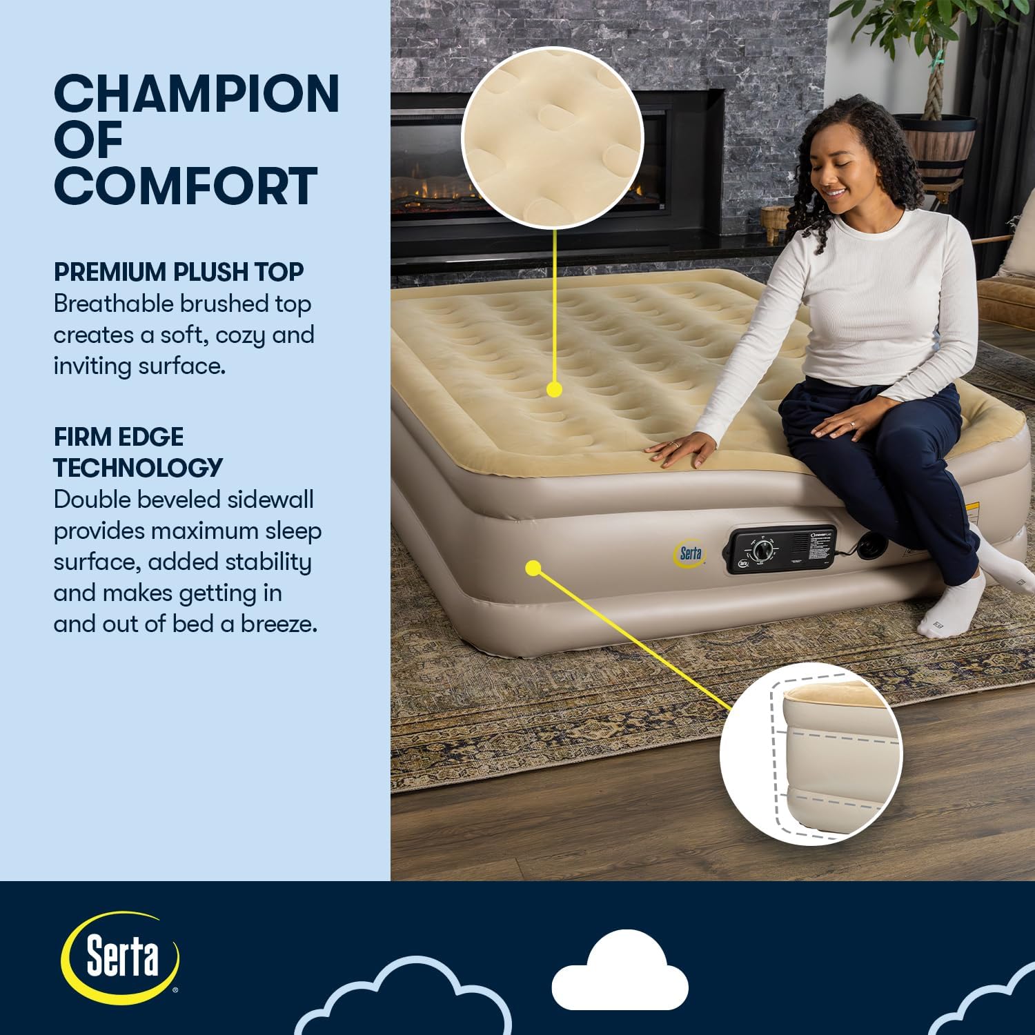 Serta Raised Air Mattress with Never Flat Pump | Luxury Inflatable Mattress with Built in Air Pump to Ensure a Good Night’s Rest | Heavy Duty Blow Up Mattress with Self Inflating Pump